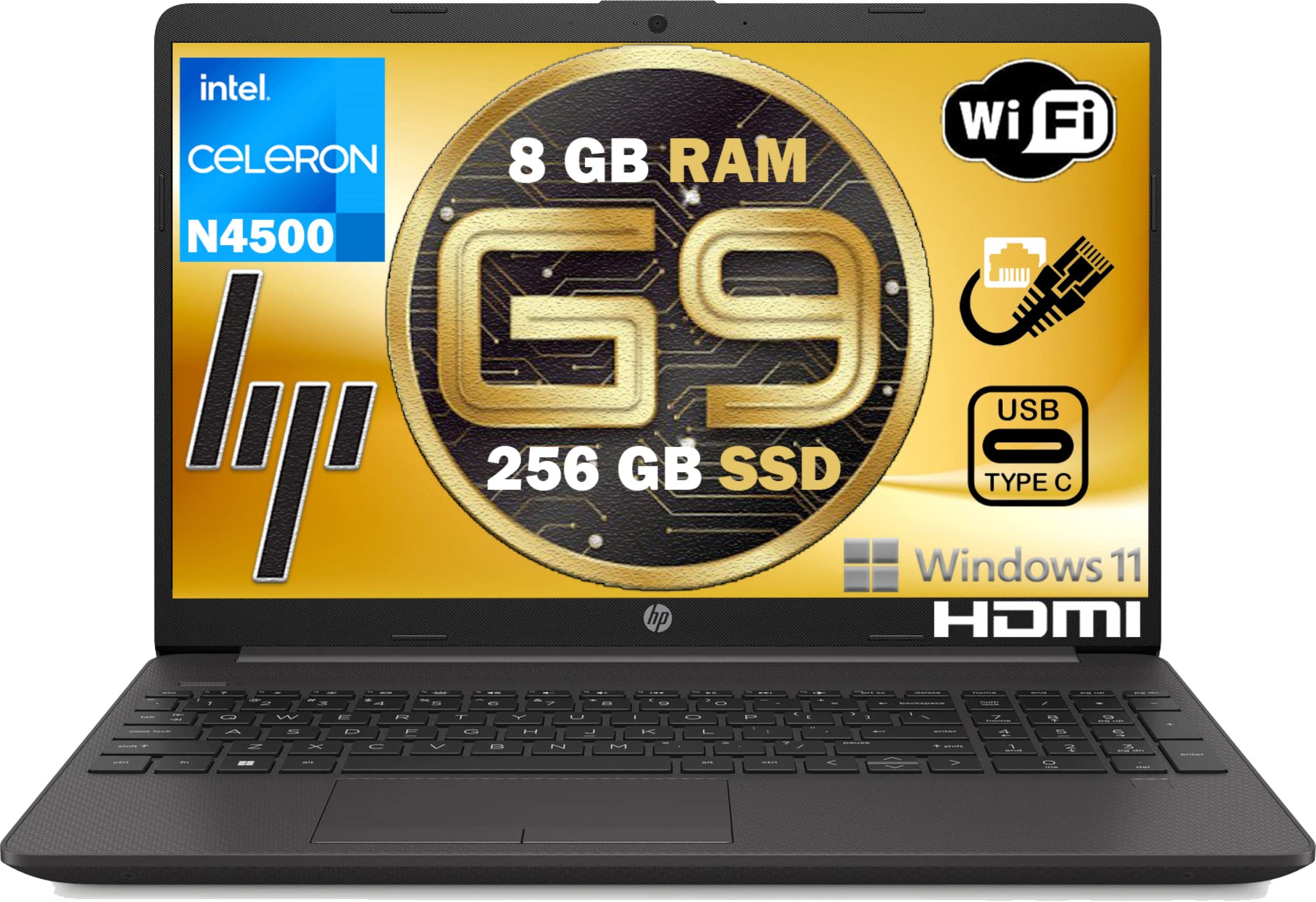 HP 250 G9 Notebook, 8 GB DDR4, Ssd M2 128 GB HD Display 15,6 Zoll Intel Celeron 2 Core bis zu 2,8 GHz, WLAN, 3 USB, HD-Webcam, Win 11 Pro 64 Bit, Libre Office, Allice Verwendung, G. AR Italien