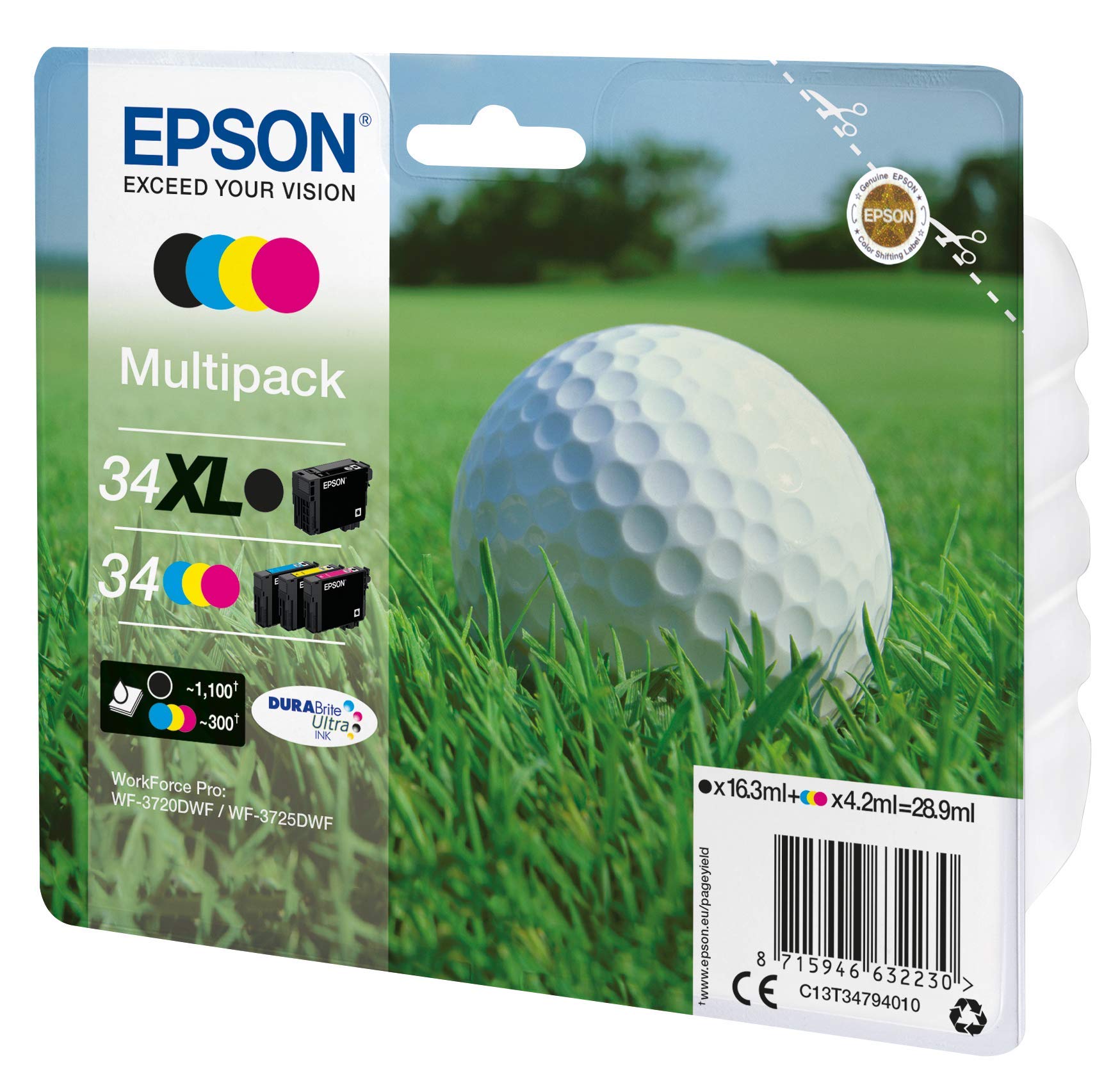 Epson Golfball T3479 Tintenpatronen, Original, Multipackung, für Tintenstrahldrucker, Pigmenttinte (schwarz, cyanblau, magentarot, gelb)