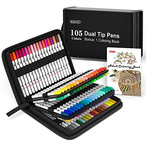 Shuttle Art Dual Brush Pens, 105 bunte doppelköpfige Pinselstifte mit weicher Spitze, zwei Schreibfedern: Fasermaler (1mm) und Fineliner(1-4mm), für Kinder und Erwachsene mit 1 Malbuch zum Schreiben