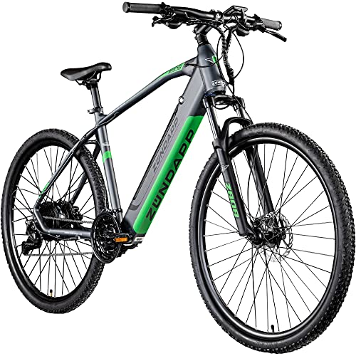 Zündapp Z808 Ebike Mountainbike für Damen und Herren ab 170 cm Fahrrad Elektro Bike E-Bike MTB Hardtail 29 Zoll Shimano Schaltwerk Pedelec 27 Gang Schaltung (48 cm, schwarz/grün)