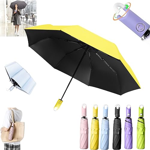 HOPASRISEE Dreifach faltbarer, selbstöffnender und einfahrender Regenschirm mit Schnalle, automatisch öffnender und schließender Regenschirm, kleiner UV-Sonnen-Kompaktschirm (Gelb)