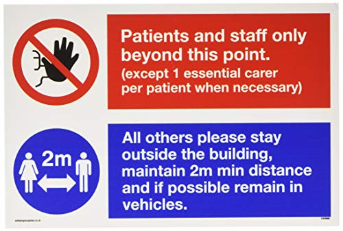 Duales Schild „Patients and staff only beyond this point All other please stay outside the building“