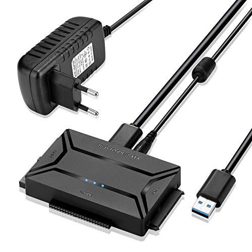 AGPTEK USB 3.0 zu IDE/SATA Konverter, Festplattenadapter mit Power-Schalter für 2.5"/3.5" SATA/IDE/SSD Festplatten, Unterstützt 4TB, Inklusive 12V 2A Stromadapter & USB 3.0 Kabel - MEHRWEG