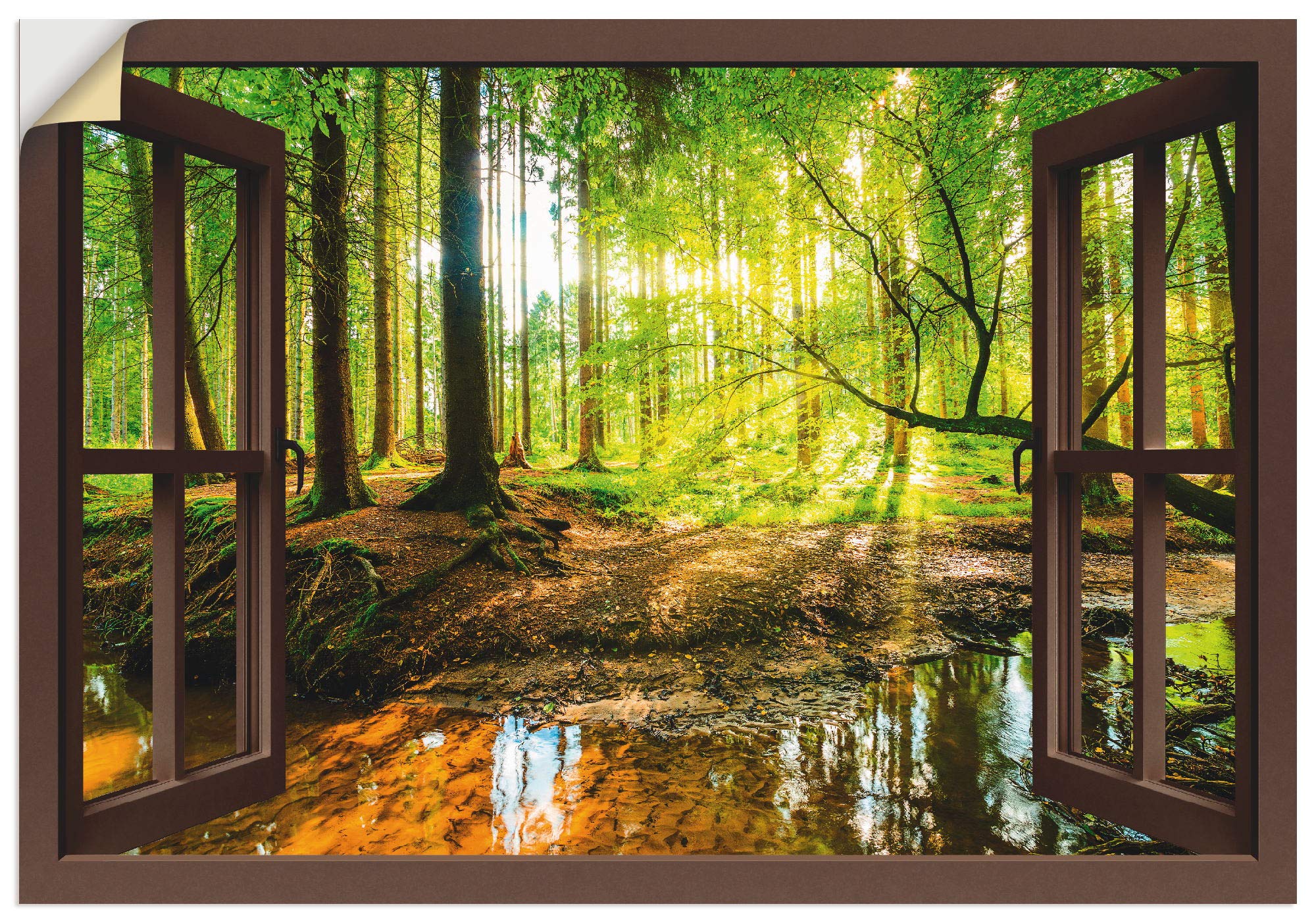 ARTland Wandbild selbstklebend Vinylfolie 70x50 cm Fensterblick Wald Natur Landschaft Bach Sonne Baum Sonnenstrahlen T6AJ