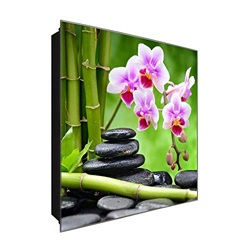 DekoGlas Schlüsselkasten 'Bambus und Orchideen' 30x30 Glas, inkl. Haken Schlüsselbrett Schlüssel-Box Design Aufbewahrung