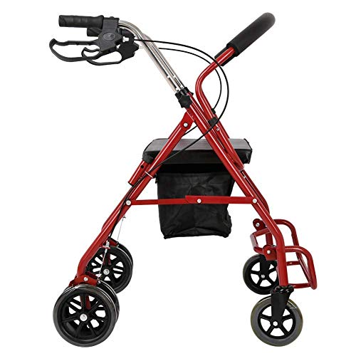 Walker, ultraleichter Rollator mit gepolstertem Sitz und Rückenlehne, zusammenklappbarer Rollstuhl mit feststellbaren Bremsen, Rot, für den Außenbereich (Aufbewahrungsbox-Abschnitt)
