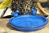 Vogeltränke mit zwei kleinen Vögelchen,rund,blau glasiert,30cm