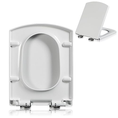 Toilettensitz mit Absenkautomatik Langsam schließender, länglicher Toilettensitz aus Kunststoff, quadratischer Toilettensitz mit Absenkautomatik und oberem Befestigungsscharnier, Schnellverschluss, ei