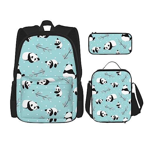 Cartoon Panda Bear Prints Rucksack 3-teilig Schultasche mit Lunchbox und Federmäppchen Set - Geeignet für Jungen und Mädchen, Schwarz , Einheitsgröße, Kinderrucksack
