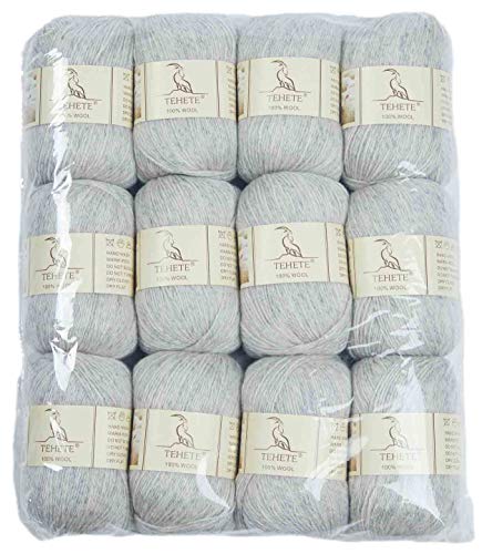 TEHETE 100% Schurwolle Yarn zum Stricken und Häkeln, Woll-Set weich 12 x 50 g, Grau