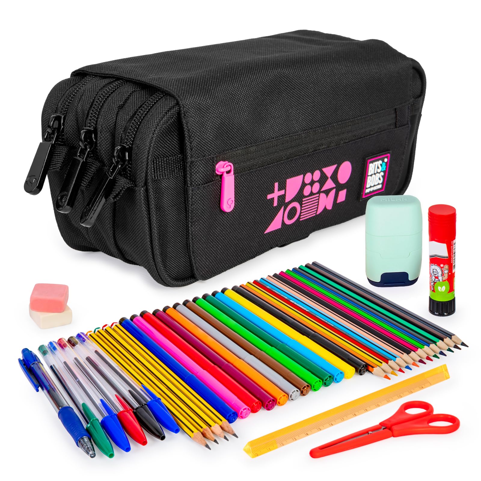 ColePack Fluor - Set aus Dreifach-Schulmappe mit 3 Reißverschlüssen und Schulbedarf der Top-Marken Enthalten (Fluor Pink)