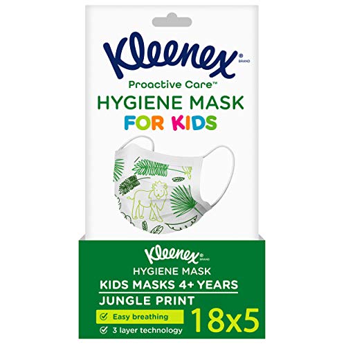 Kleenex Proactive Care, Mund- und Nasenschutz, Für Kinder, Elastischer Gummizug, 3-lagig, Tier Motiv, 18 x 5 Masken
