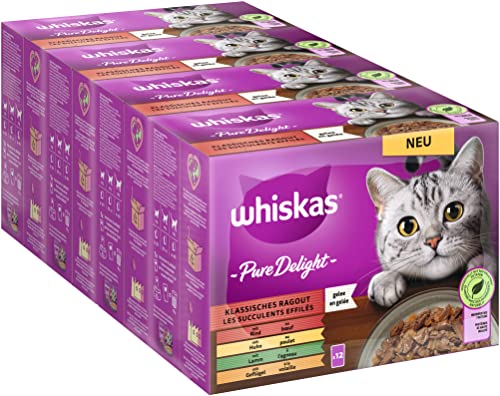 Whiskas 1+ Katzenfutter Pure Delight Klassische Auswahl in Gelee, 12x85g (4 Packungen) – Hochwertiges Nassfutter für ausgewachsene Katzen in 48 Portionsbeuteln