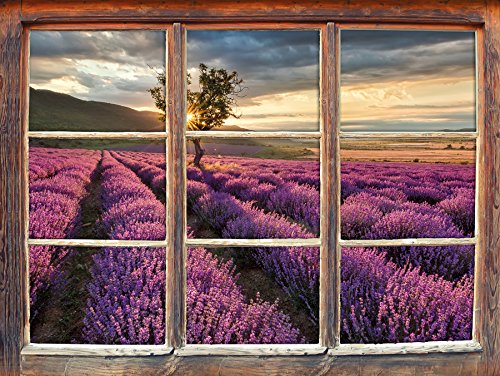 Stil.Zeit Möbel Traumhafte Lavendel Provence mit einsamen Baum Fenster 3D-Wandsticker Format: 92x62cm Wanddekoration 3D-Wandaufkleber Wandtattoo