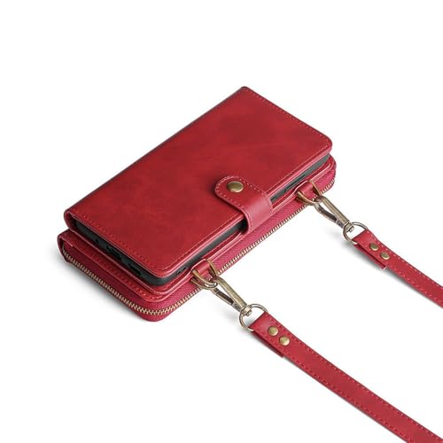 HyqHyx Brieftasche PU Split Typ Schulter Leder Handyhülle für iPhone 6 6S 7 8 Plus X XS XR XSMax SE2020 11 12 13 14 15 Mini Pro ProMax, rot, für iPhone 14