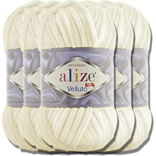 5 x 100 Gramm Alize Velluto Türkische Wolle Super Bulky XXL für Amigurumi weiche Babywolle zum Häkeln und Stricken (Leichte Creme - 62)