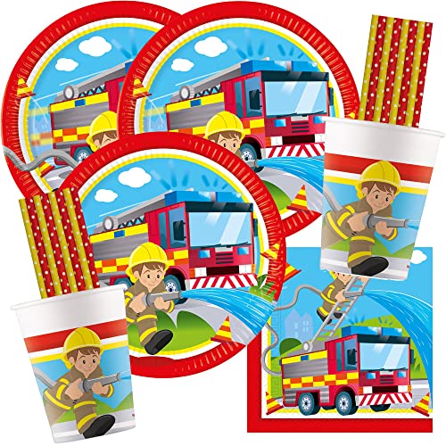 spielum 68-teiliges Party-Set Feuerwehr Firefighters - Teller Becher Servietten Trinkhalme für 16 Kinder