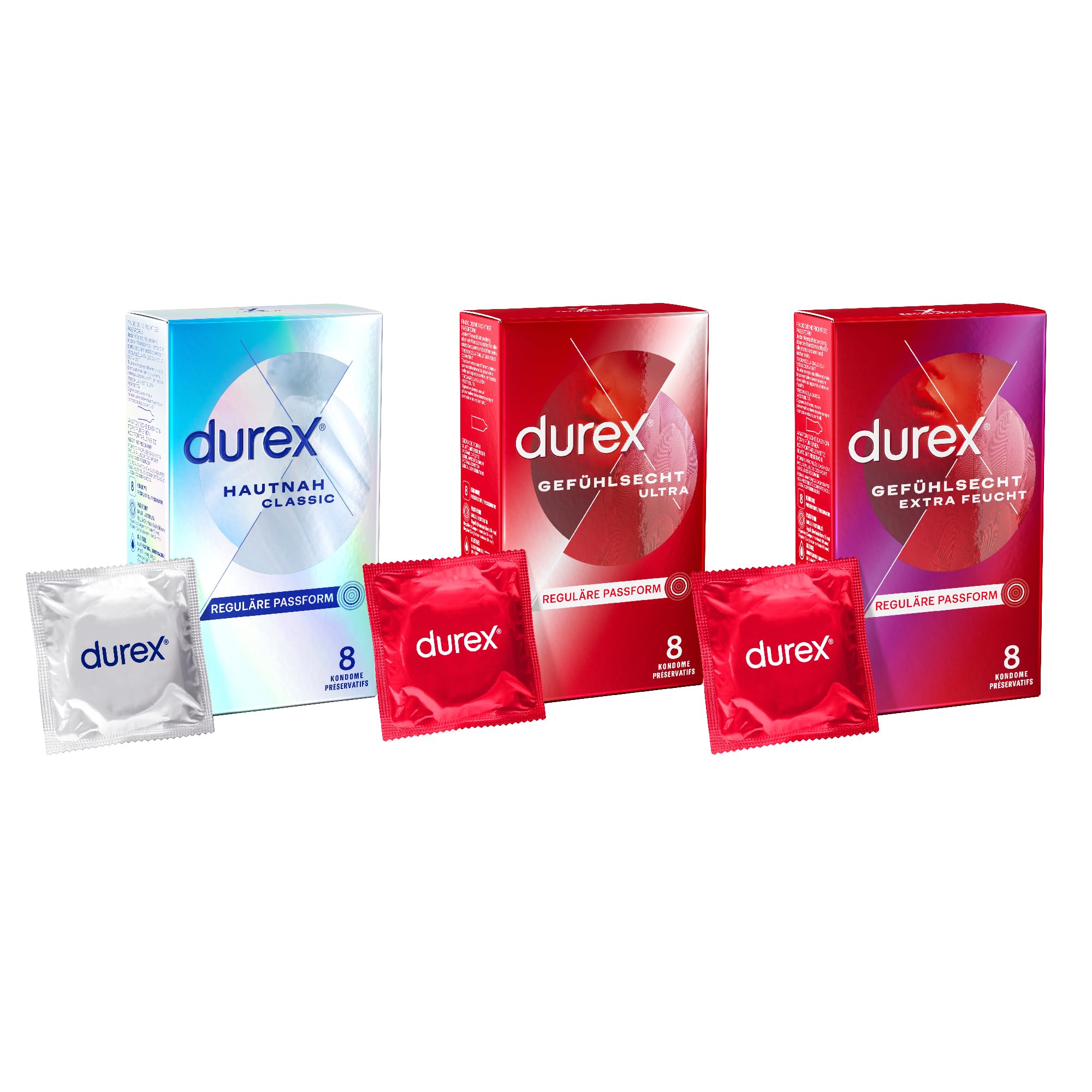 Durex Hautnah Classic 8er - Durex Kondome Ultra 8er - Durex Kondome Extra Feucht 8er - Durex Mix Ausprobierset