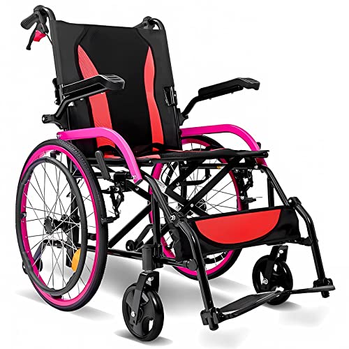 Bueuwe Rollstuhl Faltbar Leicht Aluminium Aktivrollstuhl, Rollstühle mit Selbstantrieb, Ultraleicht Reiserollstuhl für die Wohnung und Unterwegs, Drehbare Armlehnen, Sitzbreite 46 cm, 11 kg,Rot