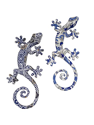 ORIGEN Set 2 Geckos aus Kunstharz, 1 Wanddeko oder zum Aufstellen, Modell Retro Blues, Höhe 17 cm