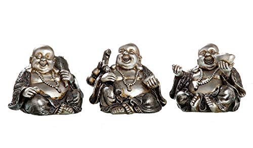 DRW GH36218 Set mit 3 Buddhas der Glücklichkeit, versilbert, 9 x 7,5 x 7,5 cm, Polyresin
