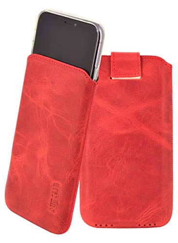 Suncase ECHT Leder Tasche kompatibel mit iPhone 11 (6.1") mit ZUSÄTZLICHER Transparent Hülle | Schale | Silikon Bumper Handytasche (mit Rückzugsfunktion und Magnetverschluss) in antik rot