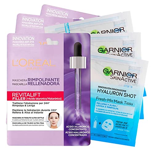 3 x Garnier SkinActive Hyaluron Shot Fresh Mix Feuchtigkeitsspendende und auffüllende Stoffmaske + 3 x Füller Stoffmaske Anti-Falten-Aufwertung