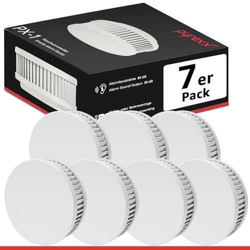 Pyrexx PX-1 Rauchwarnmelder 12 Jahre Batterie mit Magnet-Halterung ohne Bohren und LED-Blinken, Zertifiziert nach Q-Label, Weiß, 7er Set