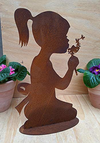 terracotta-toepfe-de Rost Figur Mädchen mit Pusteblume Höhe ca. 36, Metall Edelrost Gartendeko, Skulptur