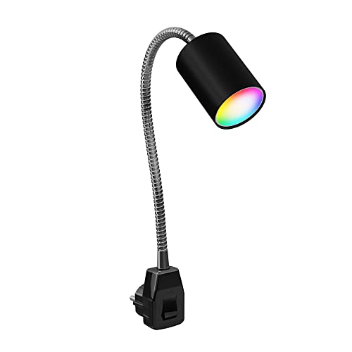 ledscom.de GU10 Steckdosenlampe WAIKA Schwanenhals, Schalter, schwarz inkl. Smart Home RGBW GU10 LED