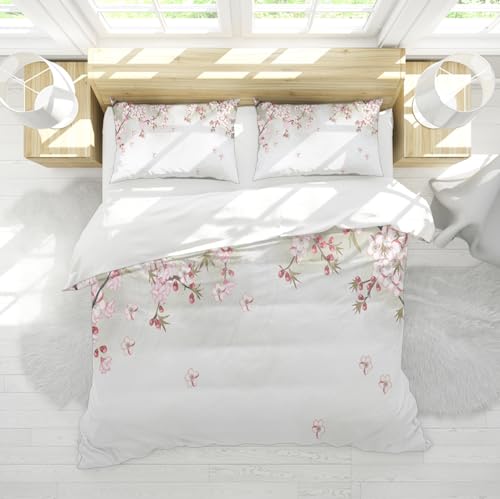 Weißes Bettwäsche-Set 3-teilig Pflaumenblütenzweige und Blütenblätter nach chinesischer Art Fallende Schlafzimmer-Bettwäsche-Set mit 2 Kissen-Shams-Reißverschluss 160 x 200 cm