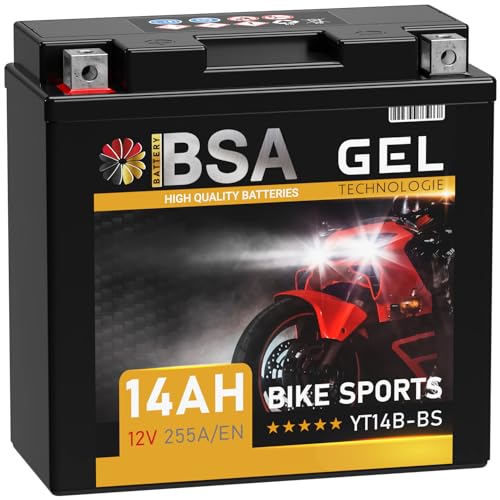 BSA YT14B-BS GEL Roller Batterie 12V 14Ah 255A/EN Motorradbatterie doppelte Lebensdauer entspricht 51201 51422 GT14B-4 YT14B-4 vorgeladen auslaufsicher wartungsfrei