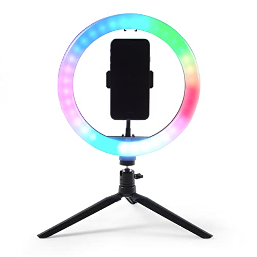 Intempo® EE5977RGBBLKSTKEU7 Freistehendes mehrfarbiges Schreibtisch-Selfie-Licht mit Telefonhalter, Dreibeinstativ, Klappfüßen, 26-cm-Ringleuchte, 3 Weißlichtmodi, benutzerfreundliche Steuereinheit