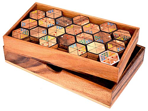 Hexadomino Box Dominospiel mit 6 eckigen Dominosteinen Knobelholz Hexamino Gesellschaftsspiel für 2 bis 6 Spieler, Legespiel, Unterhaltungsspiel