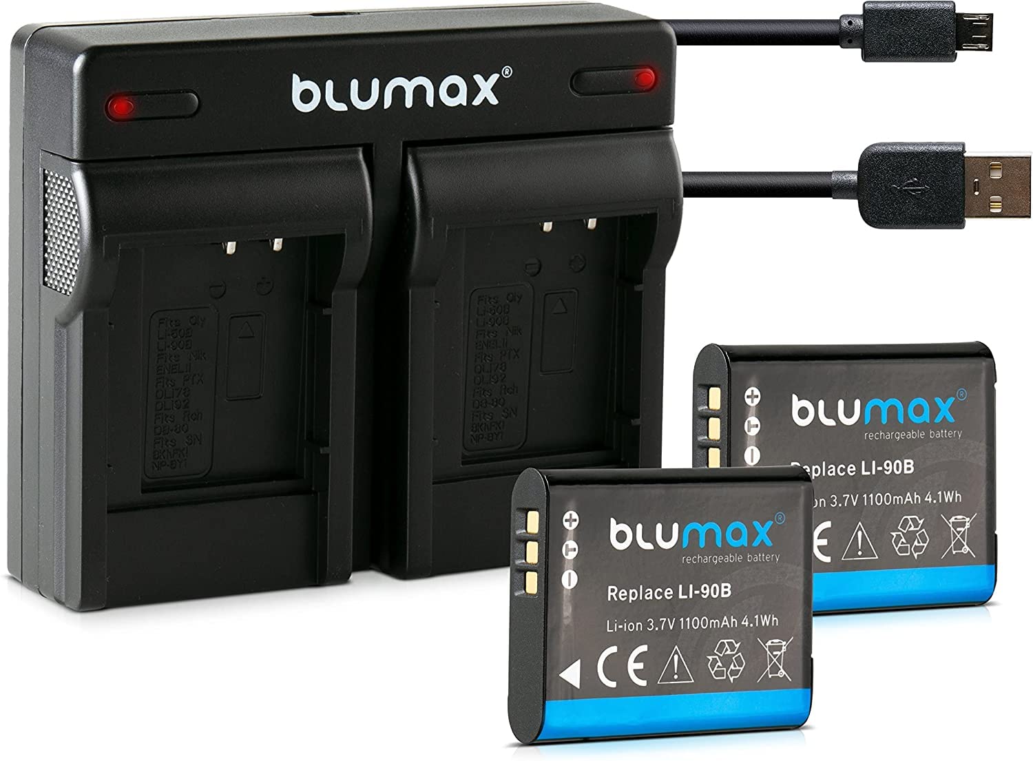 Blumax 2X Akku für Olympus Li-90b / Li-92b 1100mAh + Dual-Ladegerät USB | ersetzt Olympus XZ-2 Tough TG-1 TG-2 TG-3 TG-4 TG-5 SH-50 SH-60 SP-100 EE Traveller SH-1 SH-2