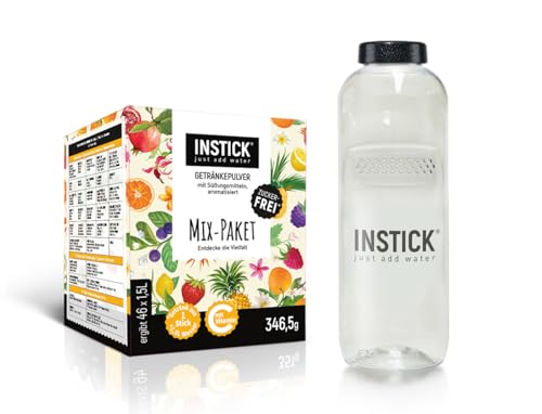 INSTICK zuckerfreies Instant-Getränk - Mix-Paket mit 46 Sticks für je 1,5 L + Tritan Trinkflasche 1 L | Getränkepulver - vegan, kalorienarm, mit Vitamin C, aromatisiert