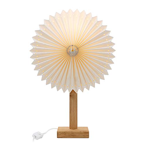 Hellum Tischlampe mit Design Papier Lampenschirm Sunny mit LED Glühbirne, Weiß Papierschirm mit Fuß aus Holz und Metall. Deko Tischleuchte mit 1,5m Kabel mit Stecker mit Schalter, Höhe 60 cm 578744