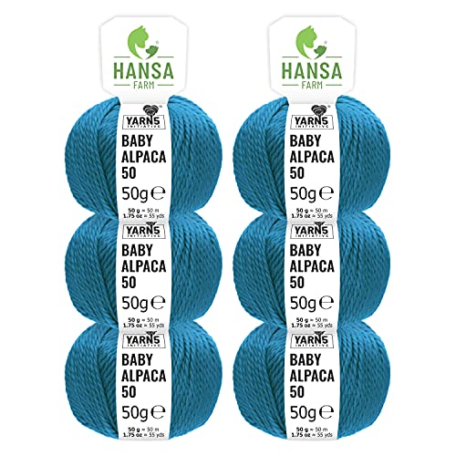 100% Baby Alpakawolle in 50+ Farben (kratzfrei) - 300g Set (6 x 50g) - weiche Alpaka Wolle zum Stricken & Häkeln in 6 Garnstärken by Hansa-Farm - Petrol uni (Blau)