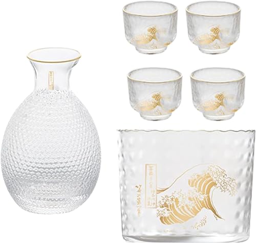 Keramik-Sake-Set, Japanisches Sake-Set für 4 Personen, Glashammermuster mit goldenem Rand, 1 kristallklare Sake-Flasche, 1 Sake-Behälter und 4 Sake-Becher, kalte/warme/heiße Sake-Karaffe, sp