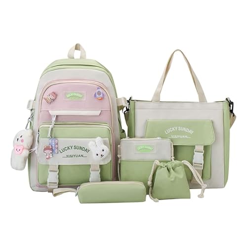 Yisawroy 5-teiliges Schulrucksack-Set, große Kapazität, Schulranzen, Büchertasche für Teenager, Mädchen, Tagesrucksack, niedliche Schultertasche, Handtasche, Federmäppchen
