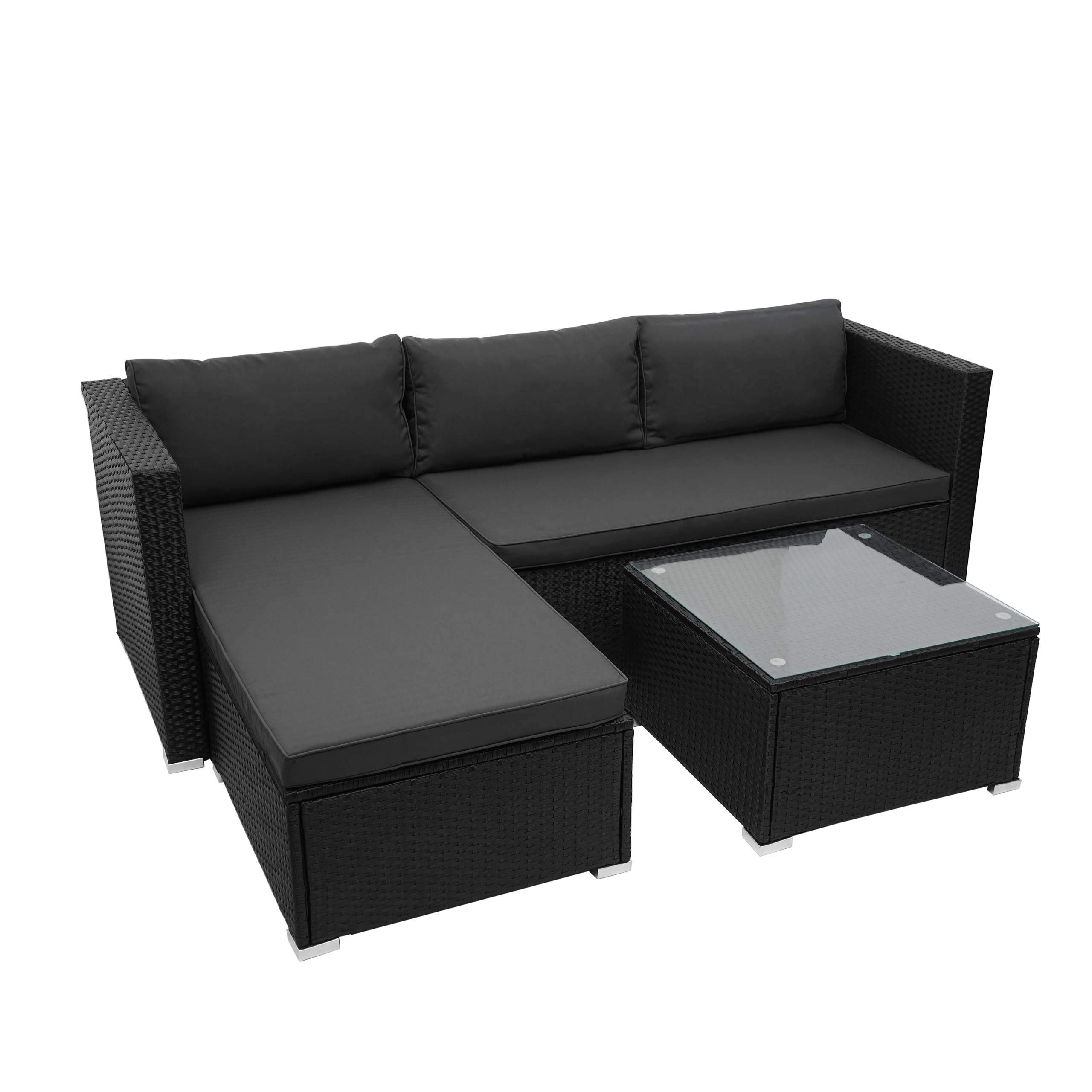 Mendler Poly-Rattan Garnitur HWC-F57, Balkon-/Garten-/Lounge-Set Sofa Sitzgruppe - schwarz, Kissen dunkelgrau ohne Deko-Kissen