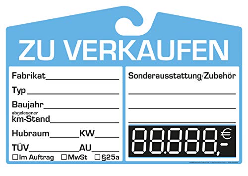 25x KFZ-Verkaufsschild zur Befestigung am Innenspiegel (blau, digitale Anzeige)