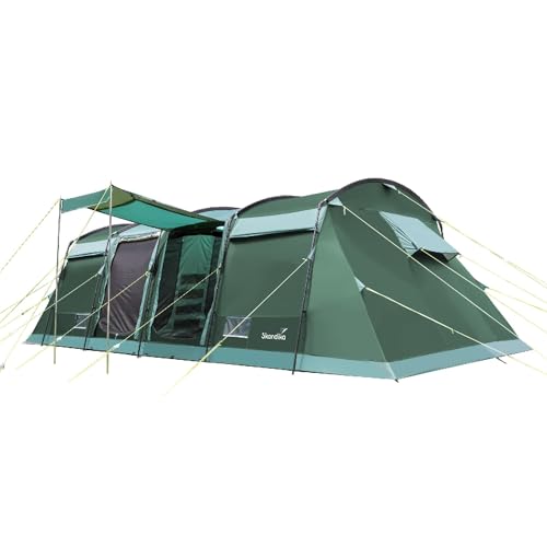 Skandika Tunnelzelt Montana 10 Personen | Camping Zelt mit/ohne eingenähten Zeltboden, mit Sleeper Technologie, 3-4 Schwarze Schlafkabinen, 5000 mm Wassersäule, Moskitonetze | Familienzelt
