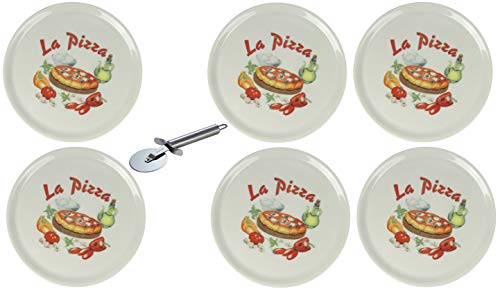 XXL Porzellan Pizzateller Speiseteller mit verschiedenen Motiven inkl. Edelstahl Pizzaschneider 6 Stück, La Pizza Ø31cm