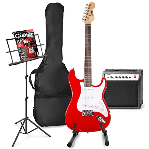MAX GigKit E-Gitarre Set - Gitarrenverstärker 40 Watt, Elektrische Gitarrenset, Gitarrrenständer, Notenständer, Gitarrentasche, Stimmgerät, Instrumentenkabel, Gurt und Zubehör - Rot