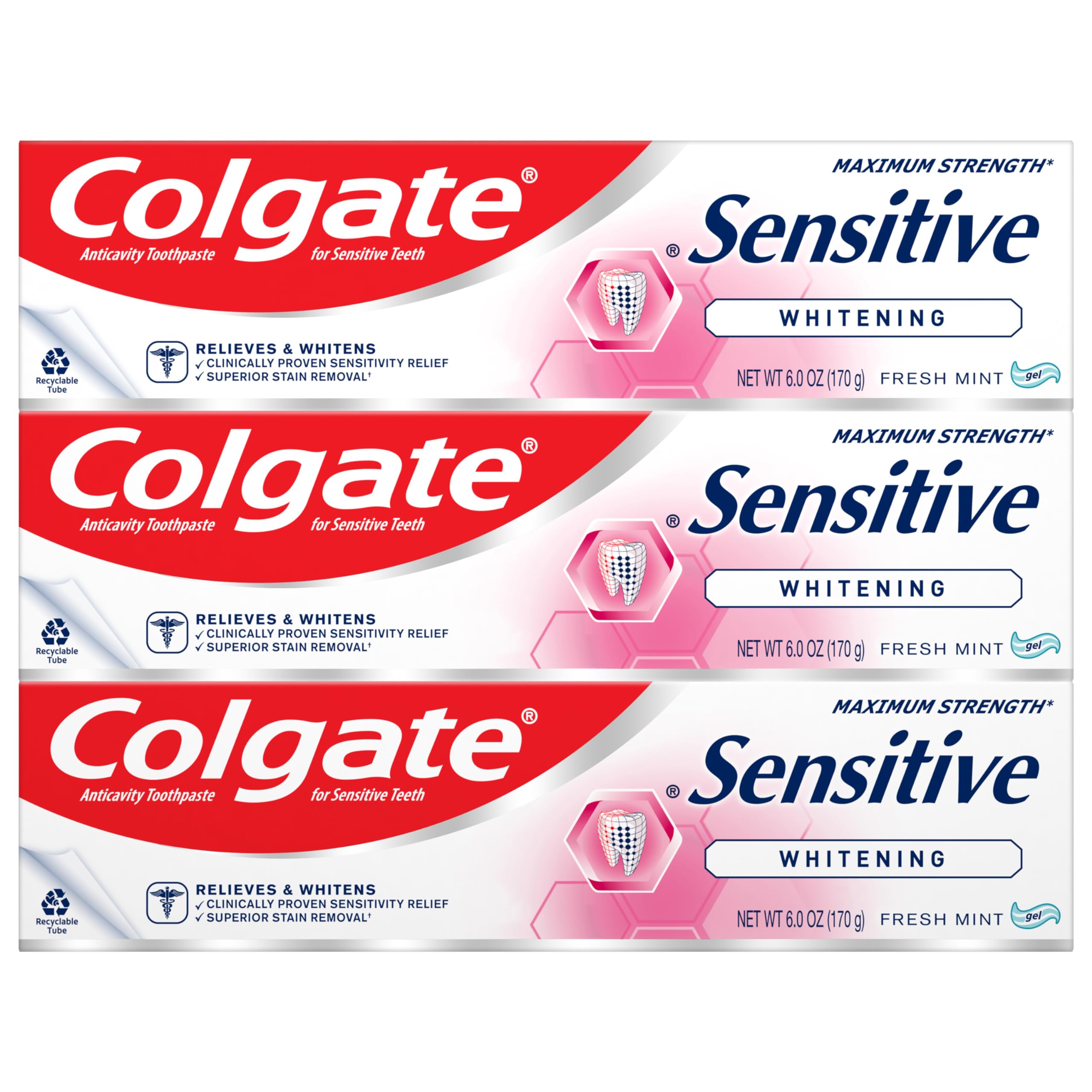 Colgate Colgate Sensitive Whitening Zahnpasta mit maximaler Stärke, frische Minze, frische Minze, 170 ml, 3 Stück