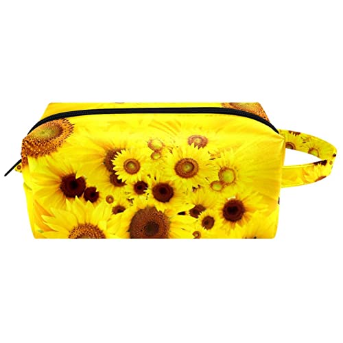 Make-up-Tasche für Frauen,Leder-Kosmetiktasche,Reise-Make-up-Tasche,Gelbe Muster Sonnenblumen Drucken