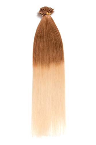 Ombré Bonding Extensions aus 100% Remy Echthaar 100 x 0,5g 50cm Glatte Strähnen U-Tip als Haarverlängerung und Haarverdichtung in der Farbe #12/613 Hellbraun/Hellichtblond