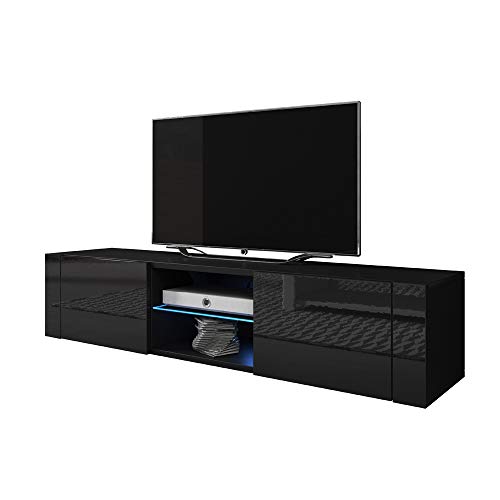 Elegant - TV-Lowboard / TV-Bank / Fernsehschrank (140 cm, Schwarz Matt / Schwarz Hochglanz, LED in Blau)