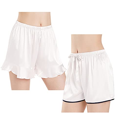 Wantschun Damen Schlafanzughose Kurze Hose Shorts Satin Silk Pyjamahose Nachtwäsche Hose Style A+B - 2 Pack: Weiß ; M